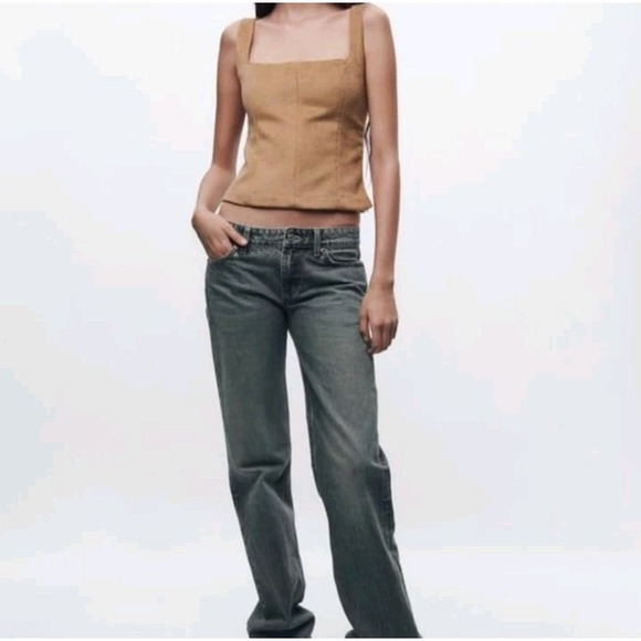 Zara Top Womans XL Brown Minimalist Wool Blend Side Zip Square Neck Simple Basic - Picture 1 of 15